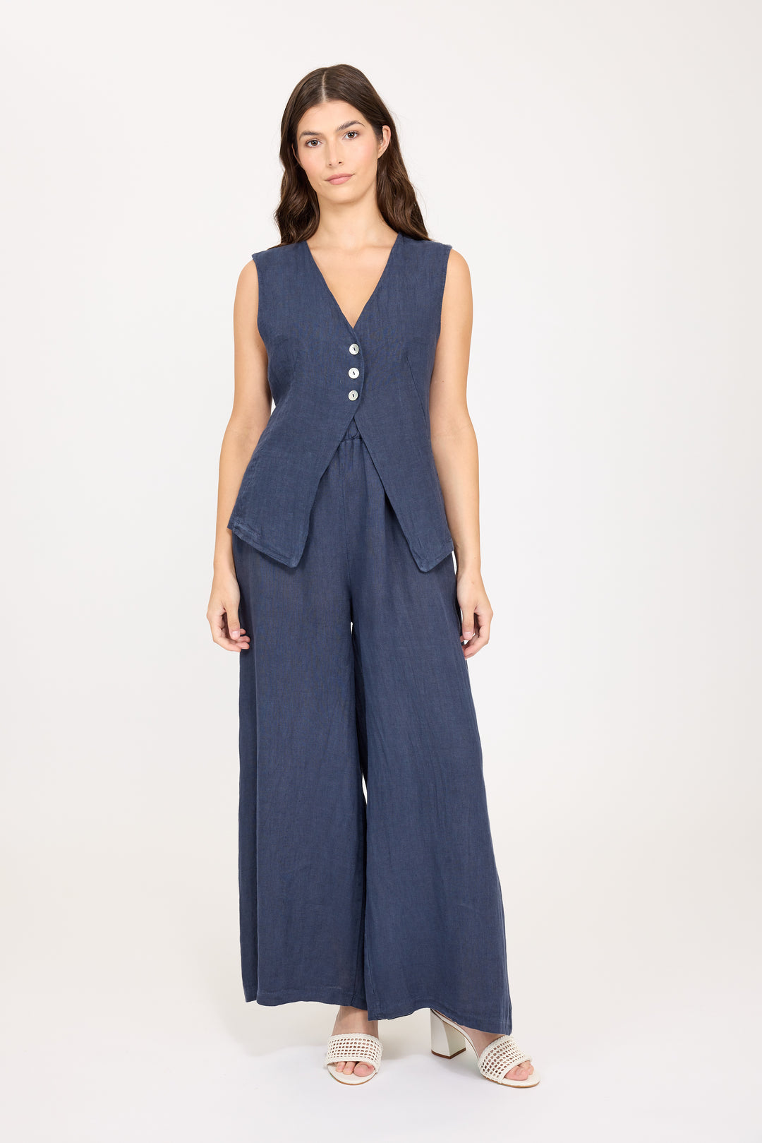 OPEN BOTTOM LINEN VEST (MIDNIGHT NAVY) - PISTACHE