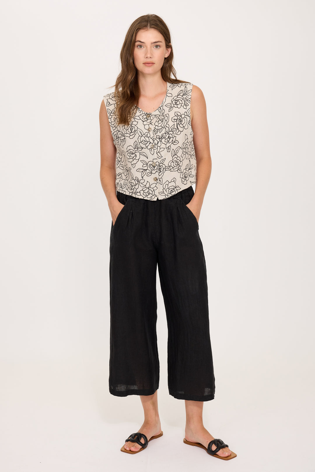 CROPPED LINEN PANT (BLACK) - PISTACHE