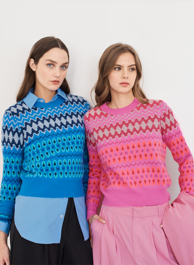 FAIRISLE CREWNECK SWEATER (PINK COMBO) - AUTUMN CASHMERE