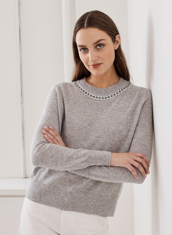 CHAIN CREWNECK SWEATER (CINDERBLOCK/SILVER) - AUTUMN CASHMERE