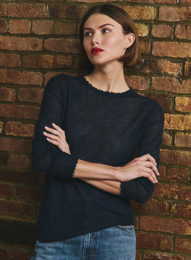 DISTRESSED SHEER CREWNECK SWEATER (RAW DENIM) - AUTUMN CASHMERE