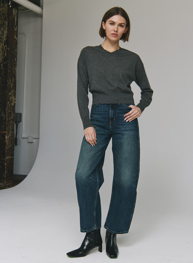 LONG SLEEVE HIGH V-NECK SWEATER (BANKERS GREY) - AUTUMN CASHMERE