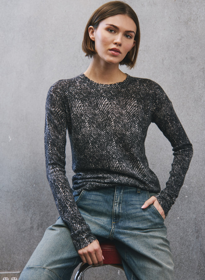 HERRINGBONE PRINT RAW EDGE CREWNECK SWEATER - AUTUMN CASHMERE