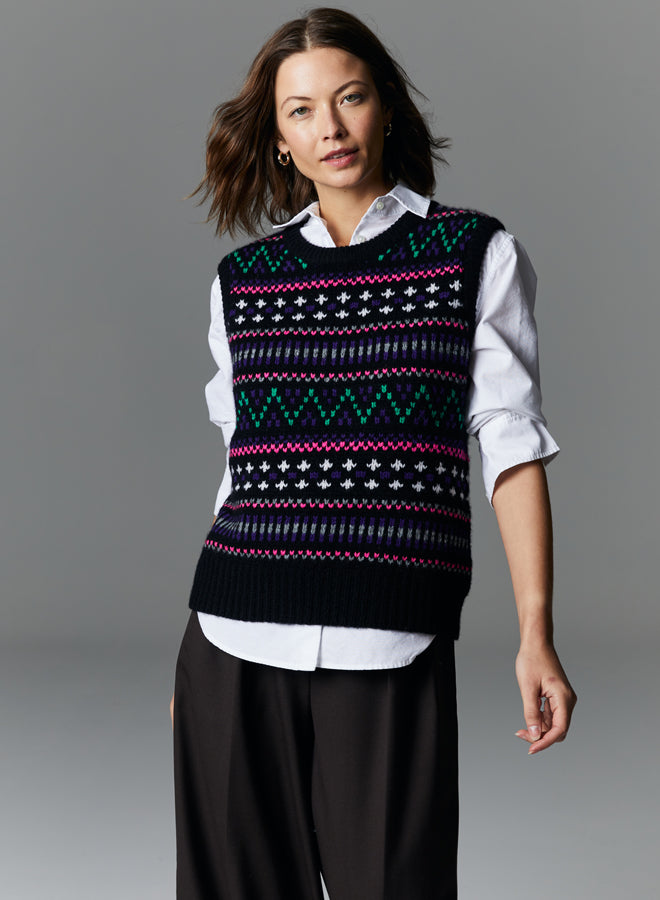 MULTI-COLOURED CHUNKY FAIR ISLE VEST - AUTUMN CASHMERE