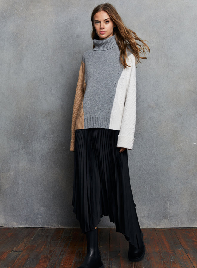 COLOUR BLOCK CUFFED TURTLENECK - AUTUMN CASHMERE