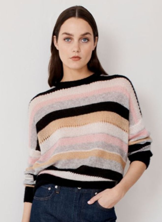 POINTELLE MULTI STRIPE CREWNECK SWEATER - AUTUMN CASHMERE