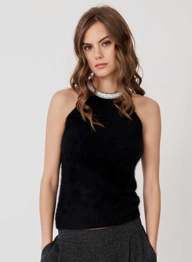 BANDED NECKLACE COLLAR HALTER TOP (BLACK) - AUTUMN CASHMERE