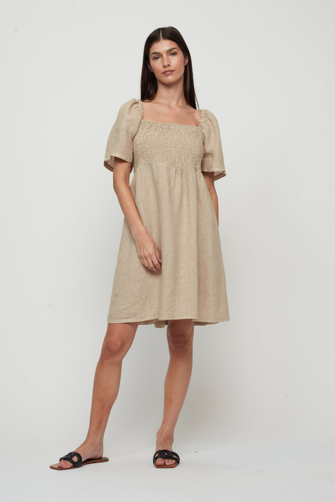LINEN BUNCHED SUNDRESS WITH SLEEVES (FLAX) - PISTACHE