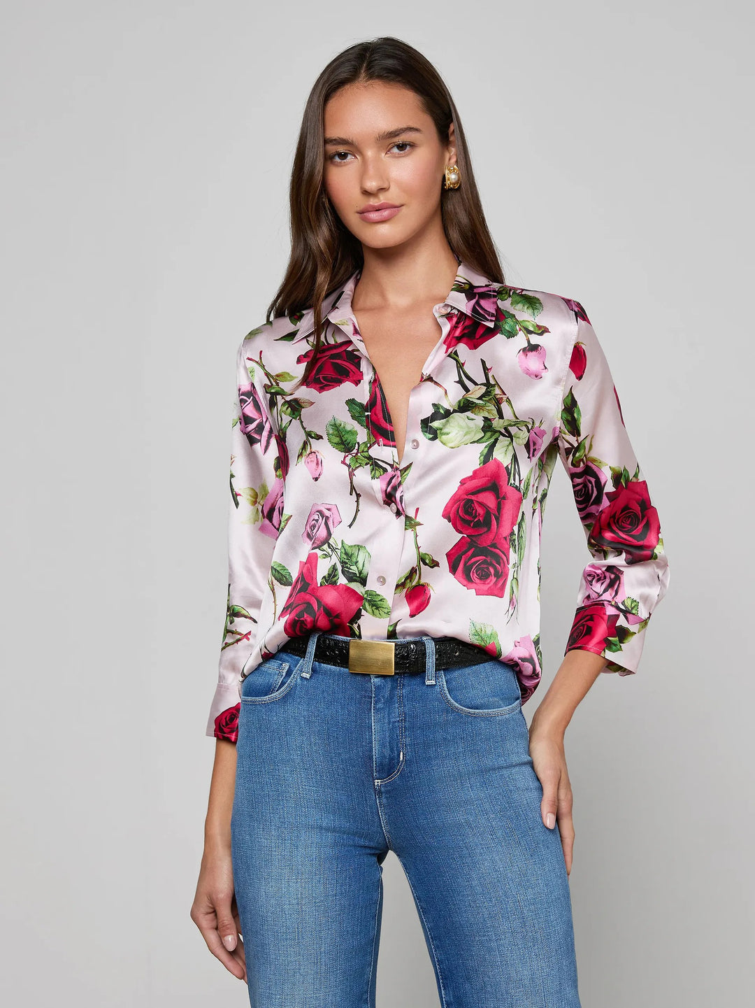 DANI 3/4 SLEEVE BLOUSE (PINK MULTI ROMANTIC ROSE) - L'AGENCE