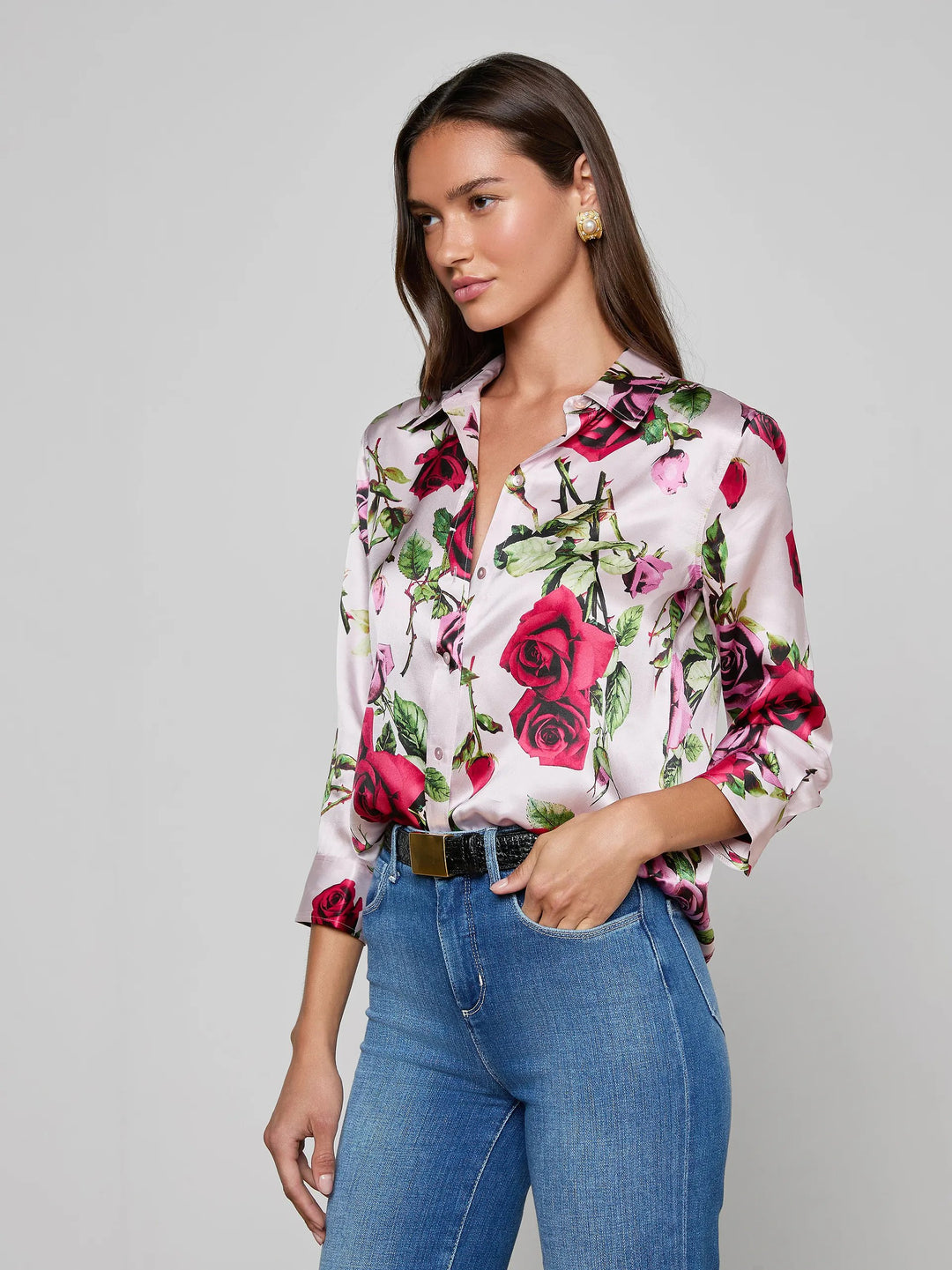 DANI 3/4 SLEEVE BLOUSE (PINK MULTI ROMANTIC ROSE) - L'AGENCE