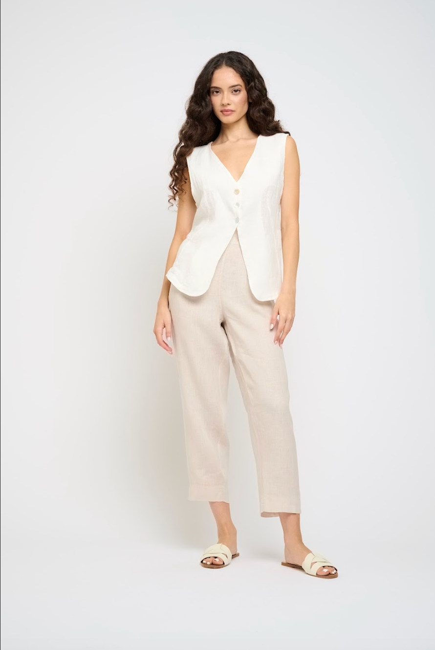 OPEN BOTTOM LINEN VEST (WHITE) - PISTACHE