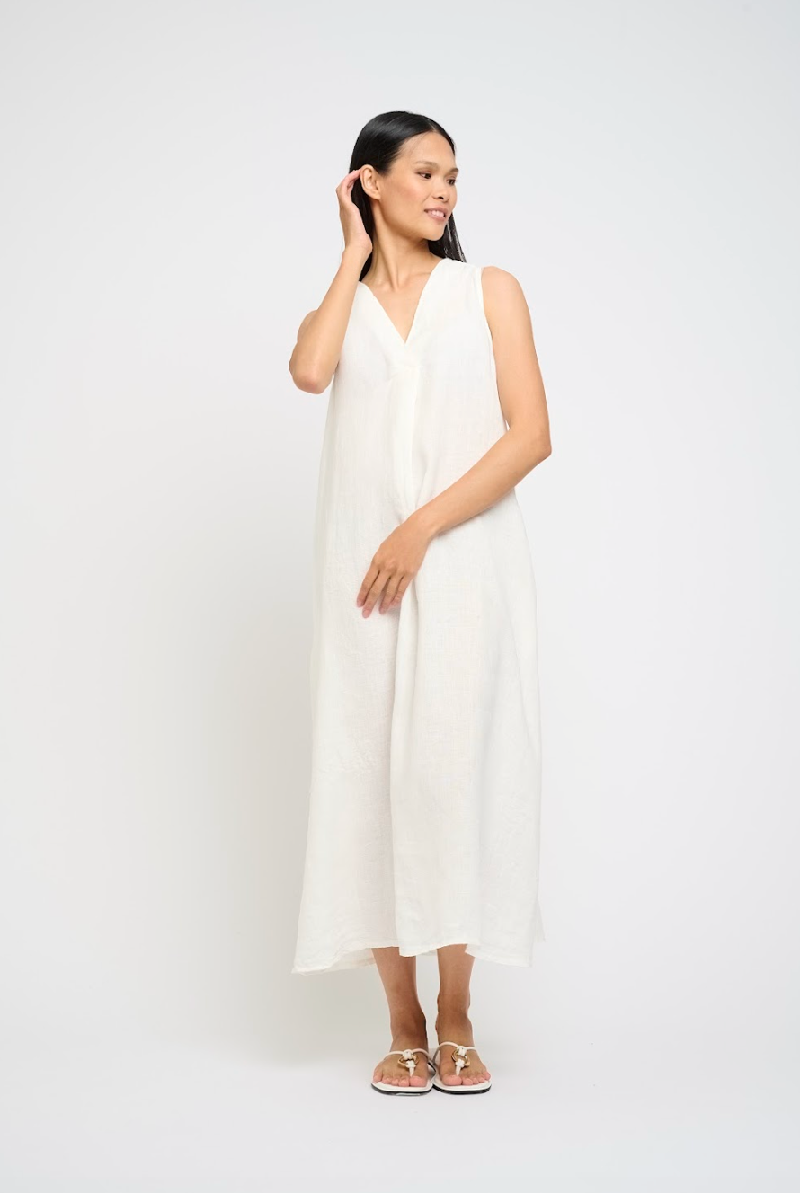 FRONT PLEAT LONG LINEN DRESS - PISTACHE