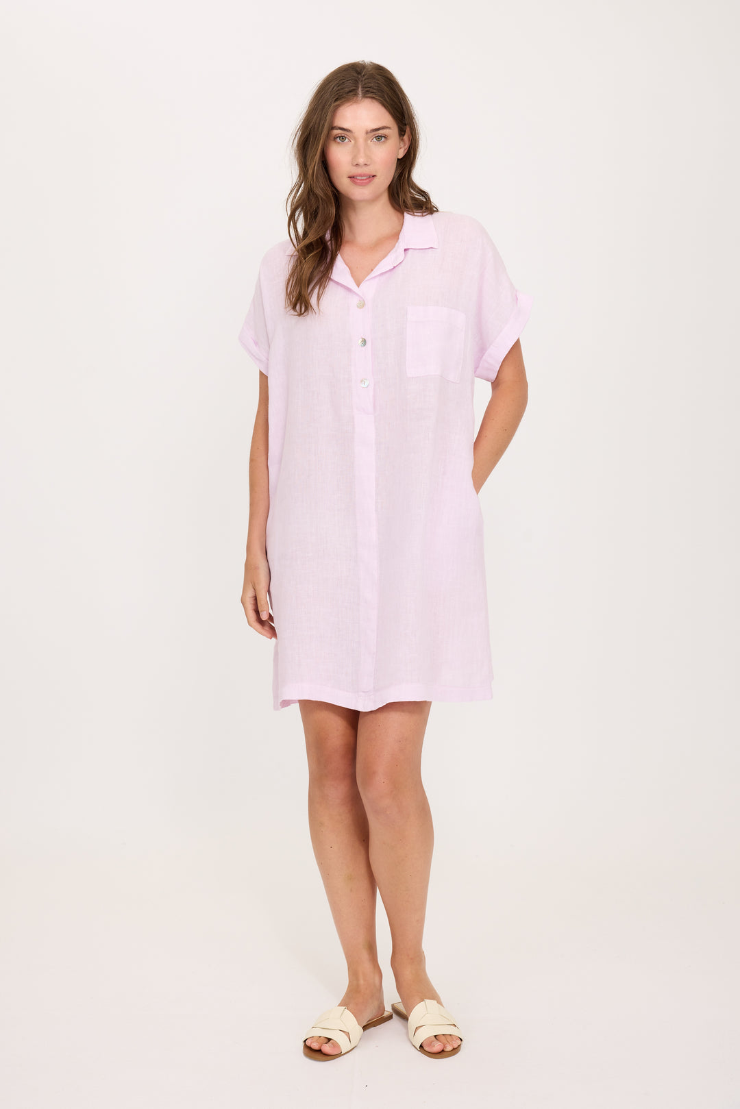 LINEN SHIRT DRESS W/ PATCH POCKET (SPRING ROSE) - PISTACHE