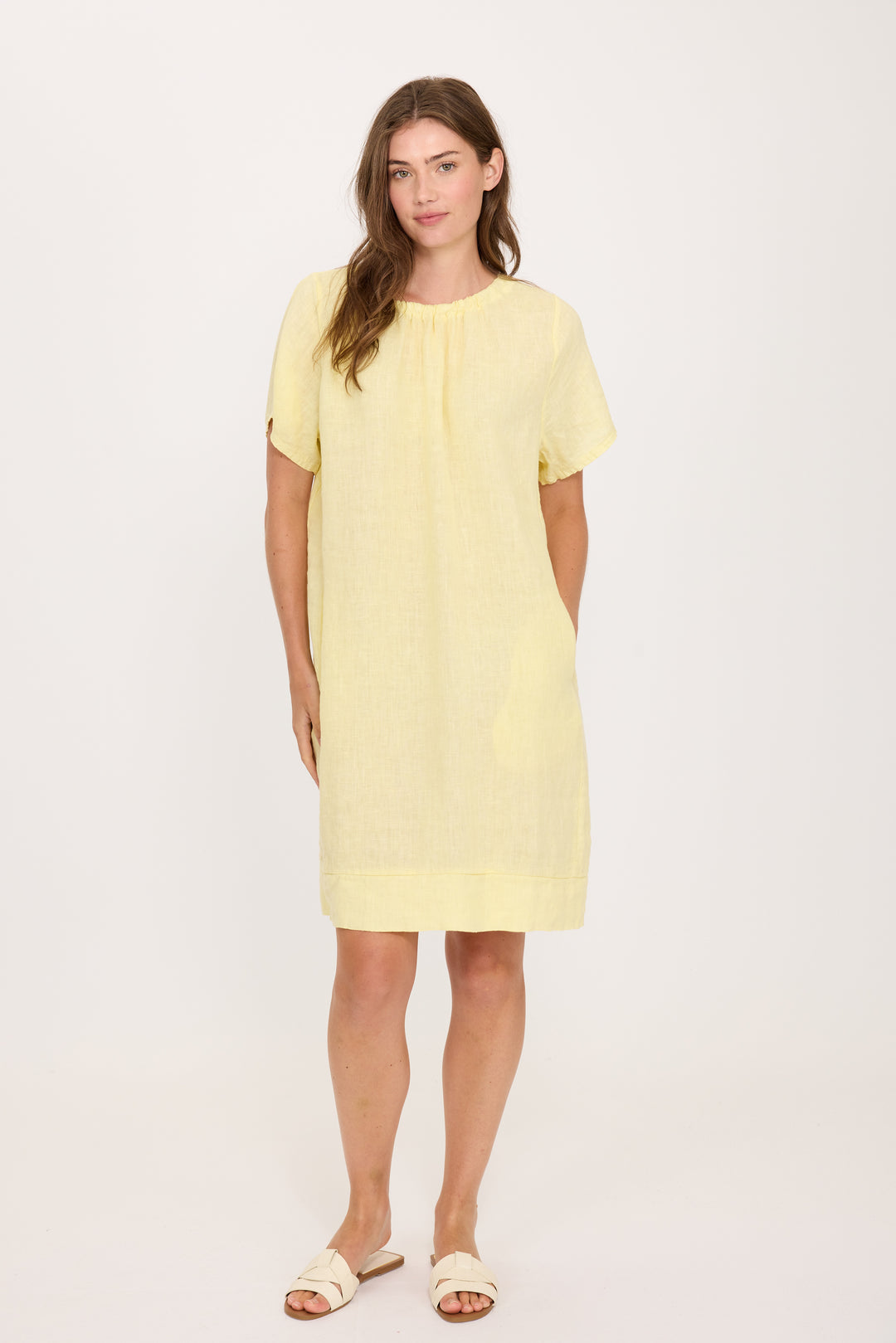 GATHERED LINEN DRESS (AIRY YELLOW) - PISTACHE