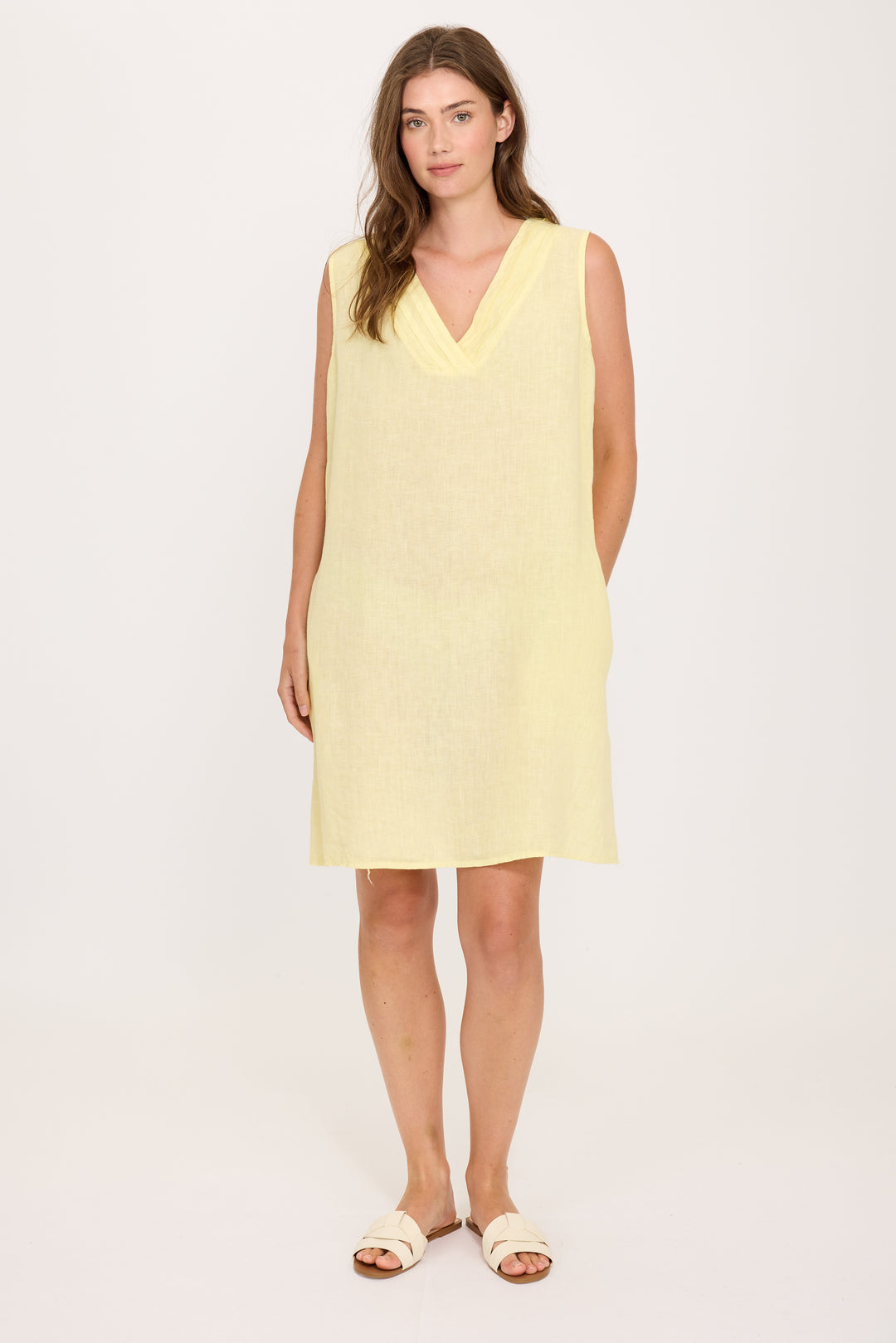 PLEATED V-NECK LINEN DRESS (AIRY YELLOW) - PISTACHE