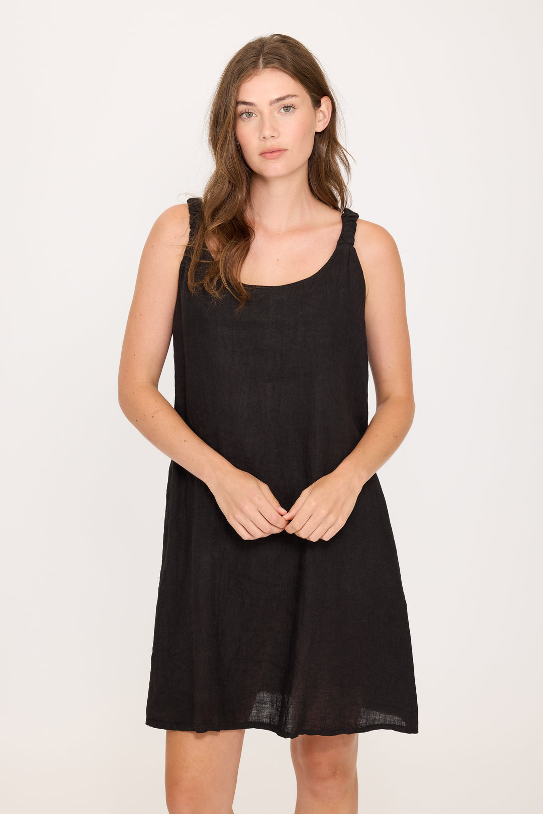 RUCHED ELASTIC STRAP LINEN DRESS (BLACK) - PISTACHE