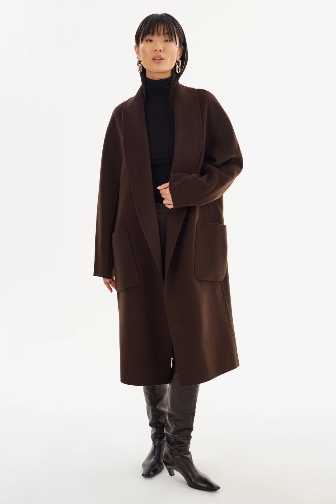 THARA SHAWL COLLAR WOOL COAT (DARK BROWN) - LAMARQUE