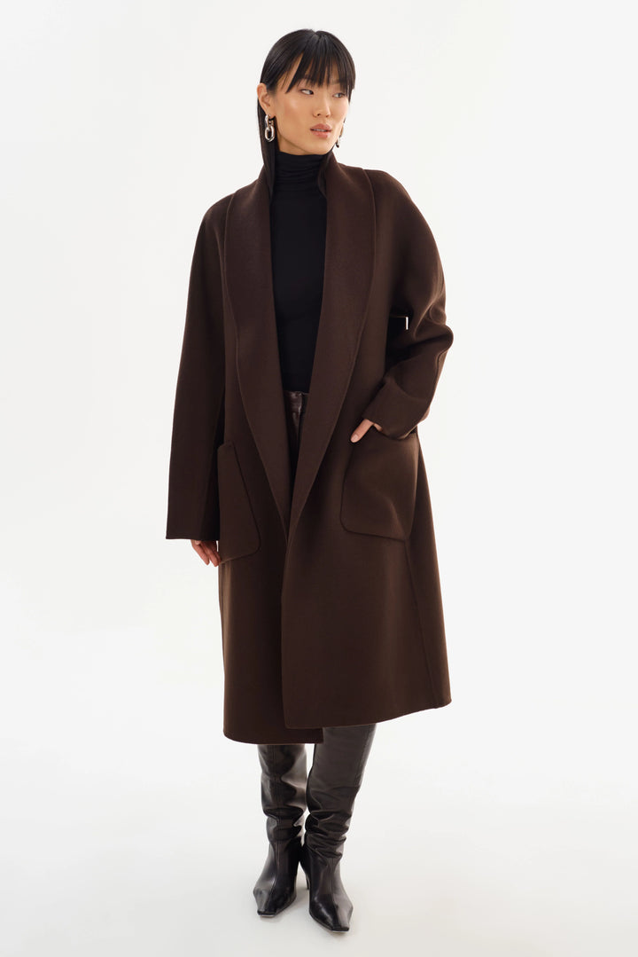 THARA SHAWL COLLAR WOOL COAT (DARK BROWN) - LAMARQUE