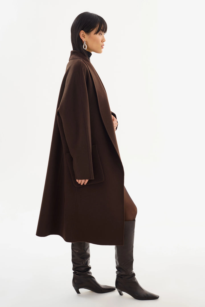 THARA SHAWL COLLAR WOOL COAT (DARK BROWN) - LAMARQUE