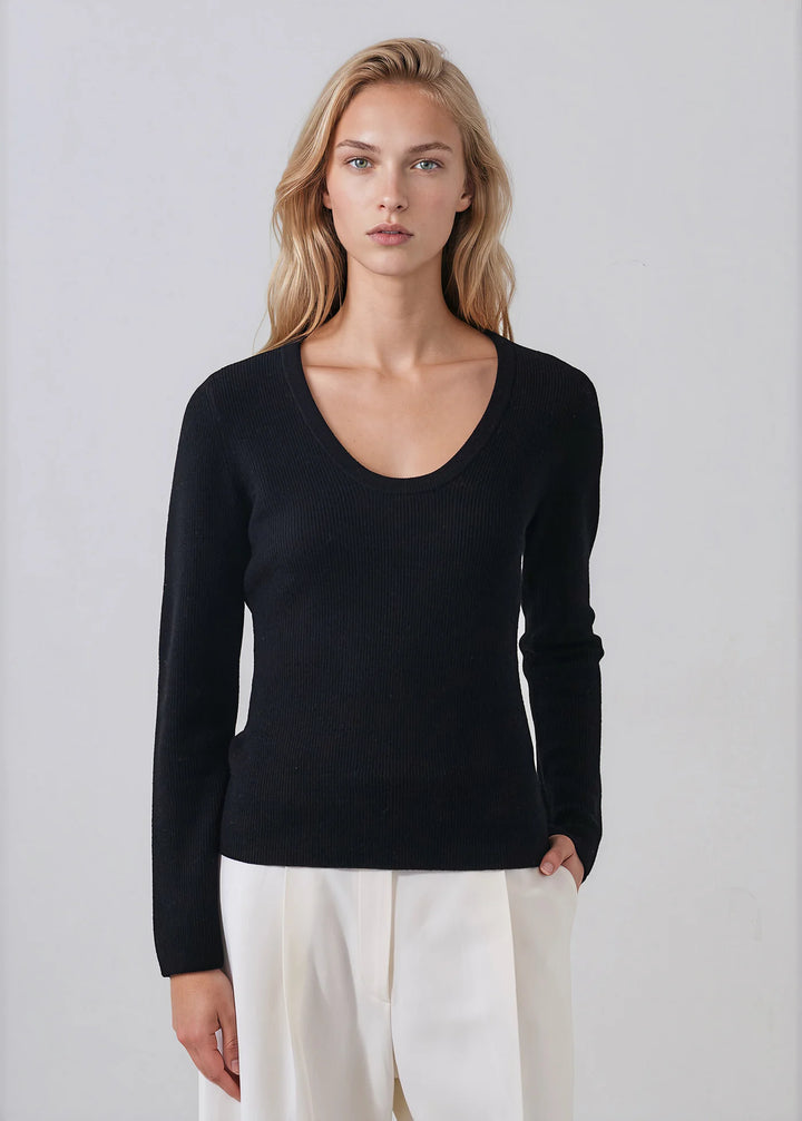 RIBBED EXTRAFINE MERINO SCOOP NECK (BLACK) - PATRICK ASSARAF