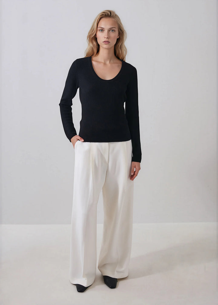 RIBBED EXTRAFINE MERINO SCOOP NECK (BLACK) - PATRICK ASSARAF