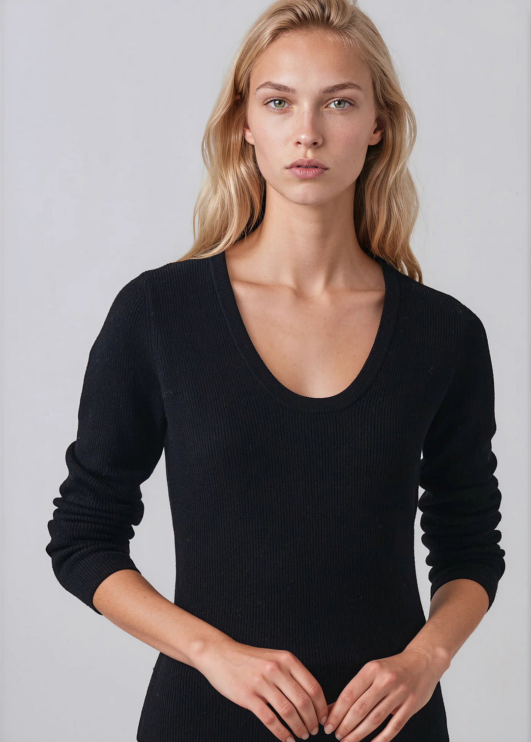 RIBBED EXTRAFINE MERINO SCOOP NECK (BLACK) - PATRICK ASSARAF