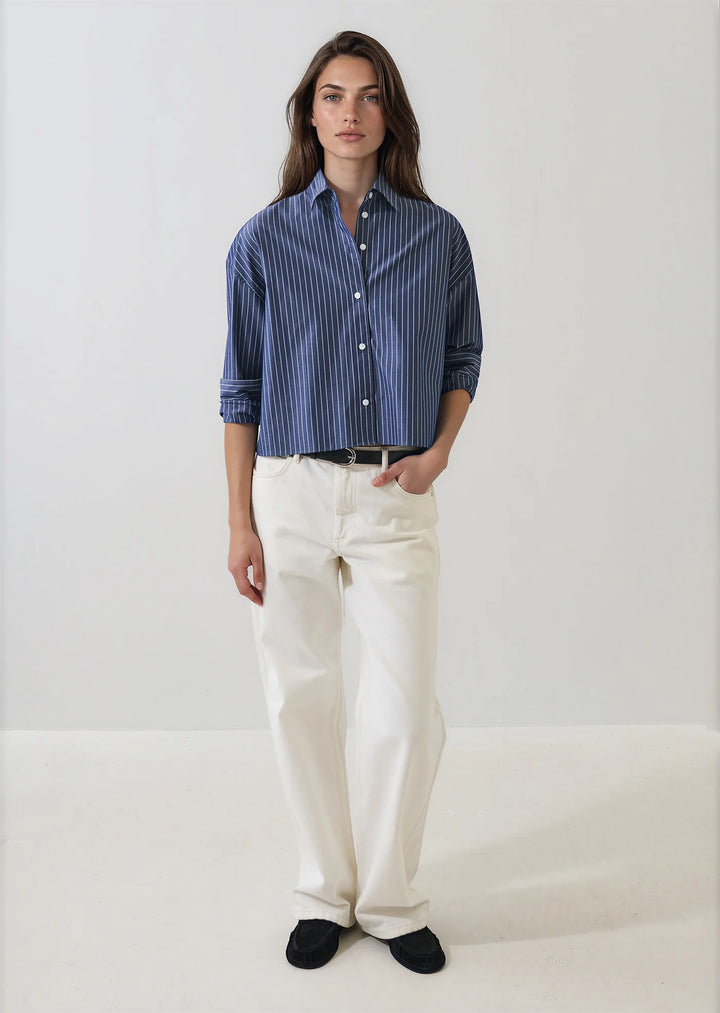 L/S COTTON BOXY STRIPED SHIRT (WASHED NAVY) - PATRICK ASSARAF