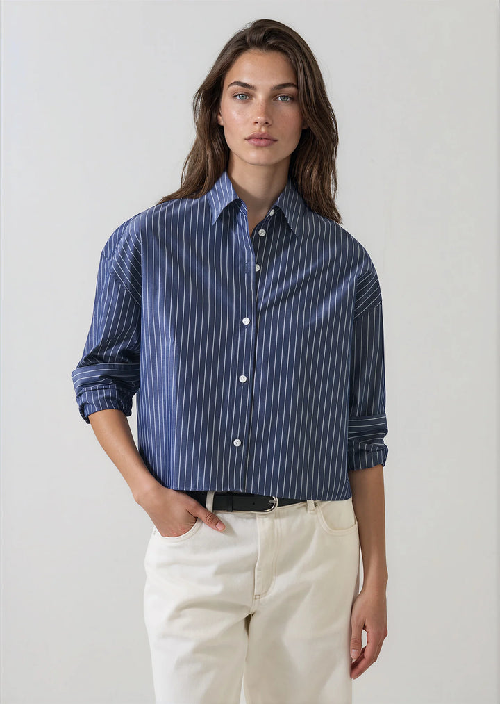 L/S COTTON BOXY STRIPED SHIRT (WASHED NAVY) - PATRICK ASSARAF