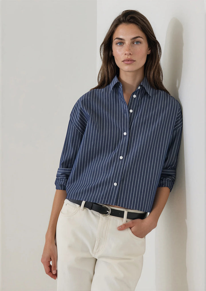 L/S COTTON BOXY STRIPED SHIRT (WASHED NAVY) - PATRICK ASSARAF
