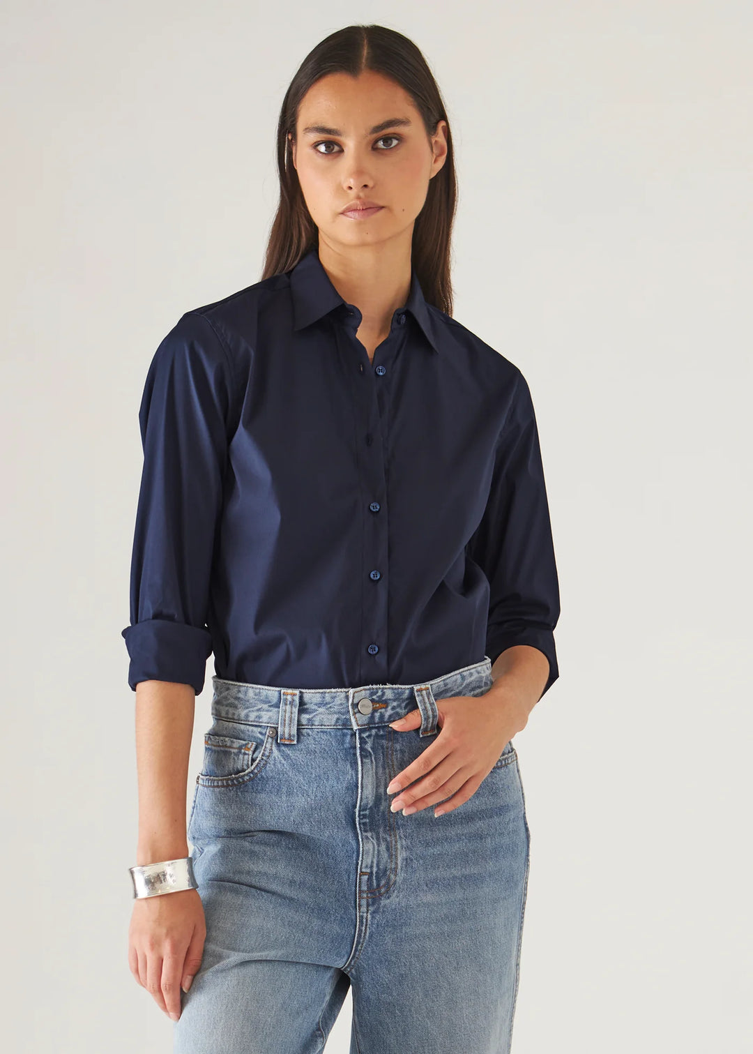 LONG SLEEVE CLASSIC COTTON STRETCH SHIRT (NAVY) - PATRICK ASSARAF