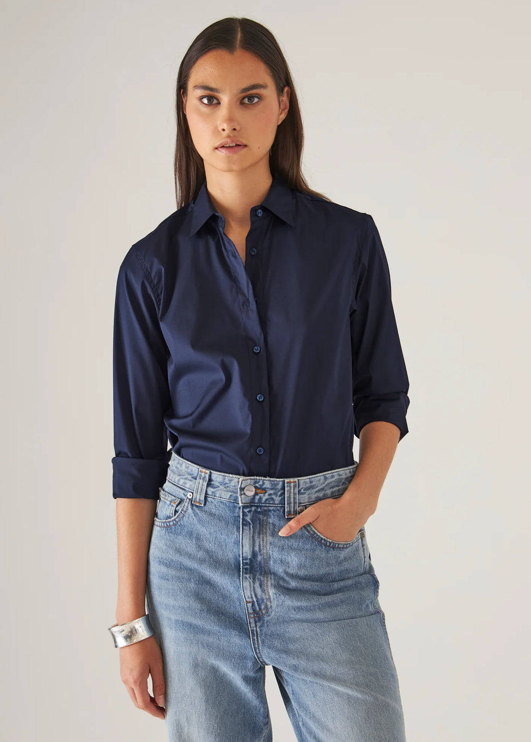 LONG SLEEVE CLASSIC COTTON STRETCH SHIRT (NAVY) - PATRICK ASSARAF