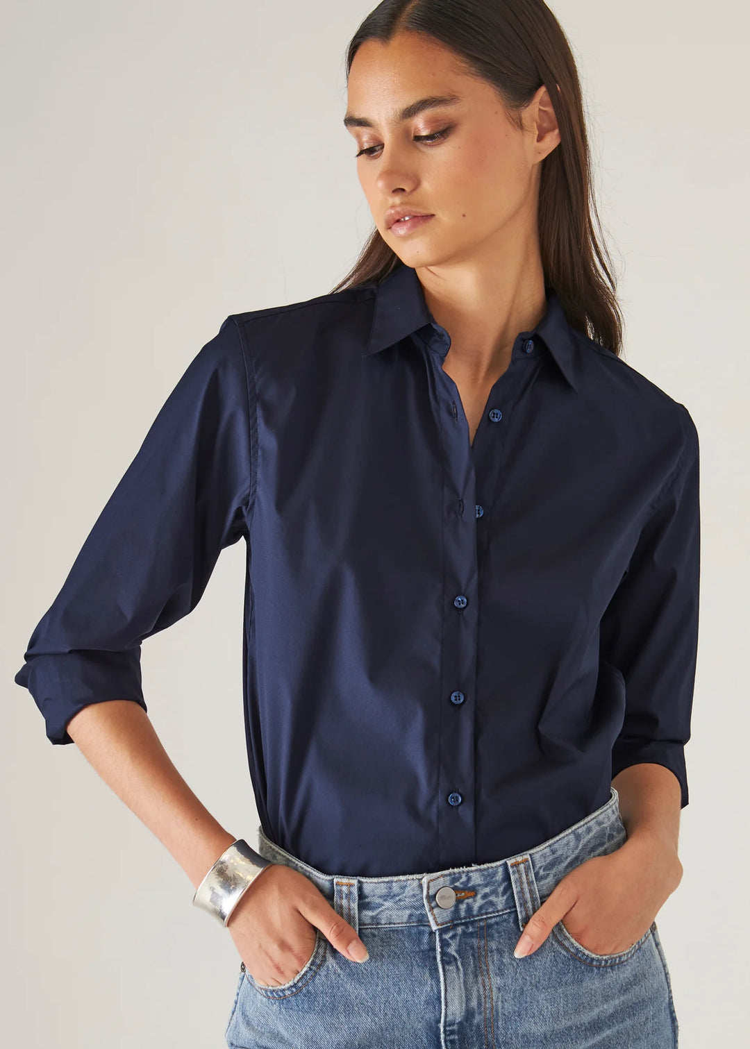LONG SLEEVE CLASSIC COTTON STRETCH SHIRT (NAVY) - PATRICK ASSARAF