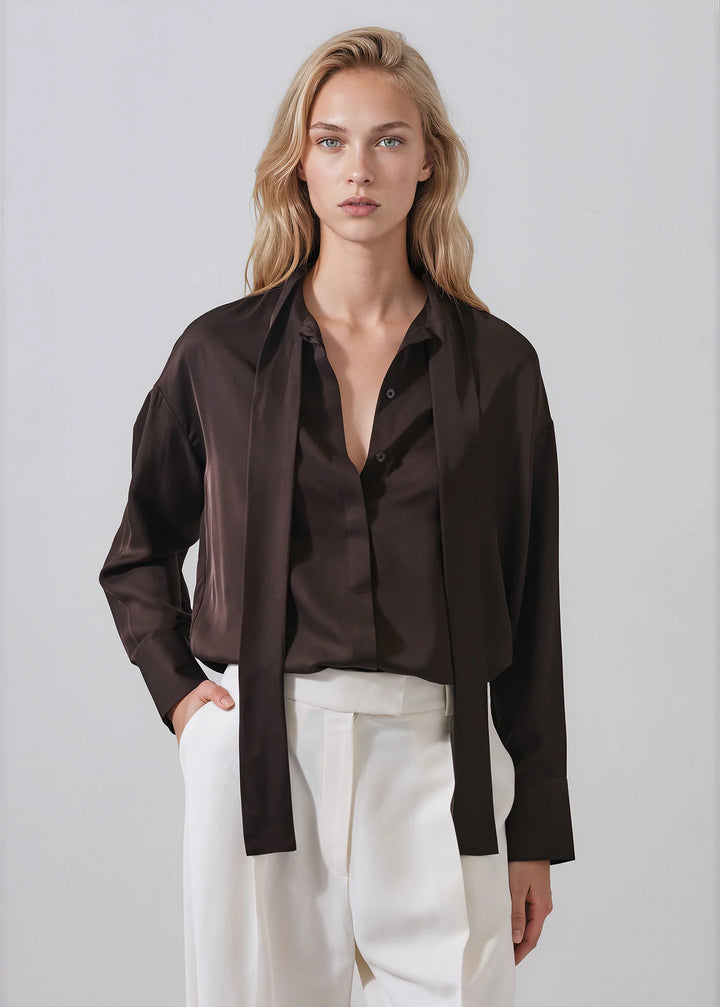 L/S SILK TIE NECK SHIRT (DARK CHOCOLATE) - PATRICK ASSARAF
