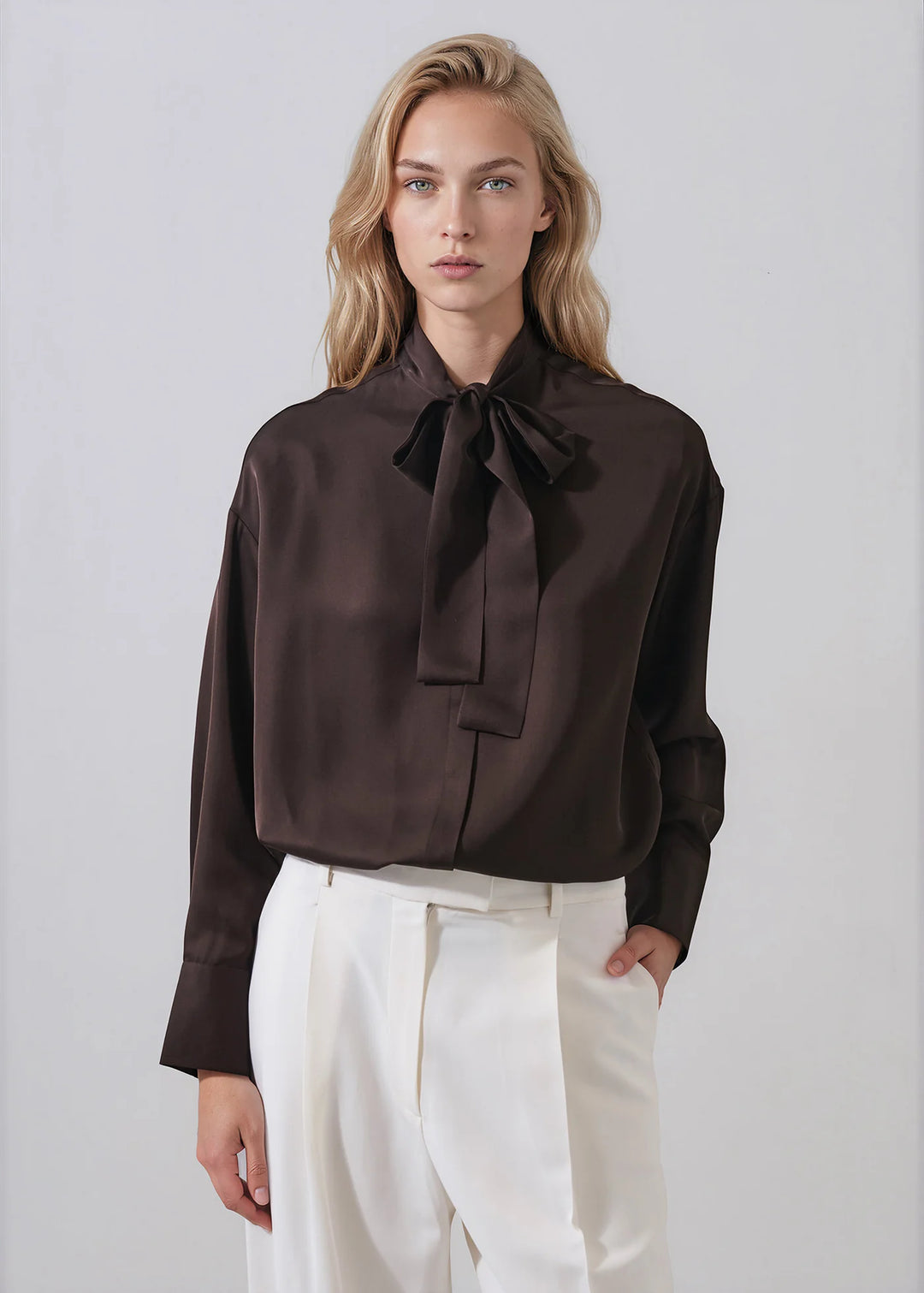 L/S SILK TIE NECK SHIRT (DARK CHOCOLATE) - PATRICK ASSARAF