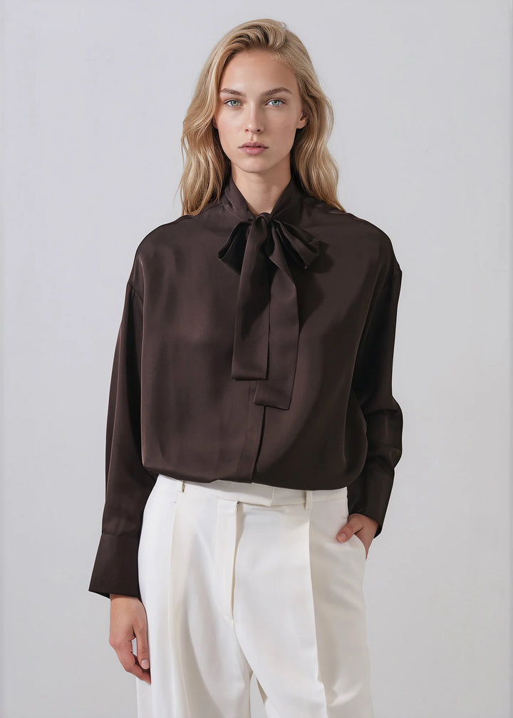 L/S SILK TIE NECK SHIRT (DARK CHOCOLATE) - PATRICK ASSARAF
