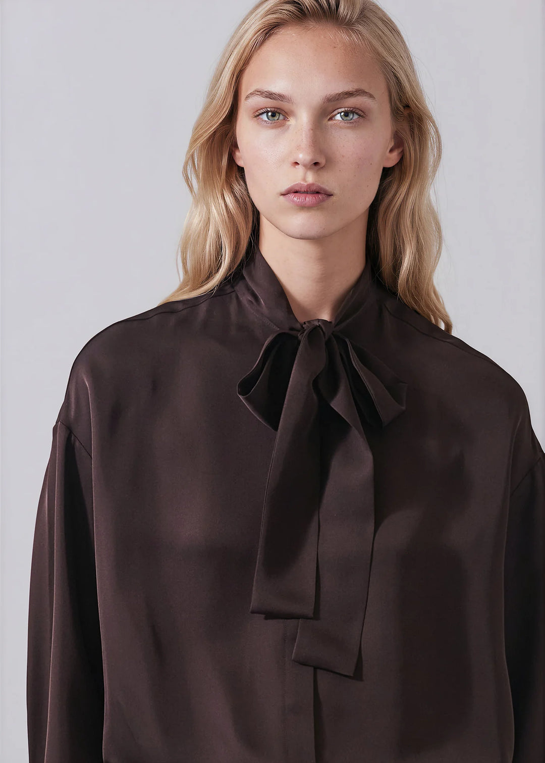 L/S SILK TIE NECK SHIRT (DARK CHOCOLATE) - PATRICK ASSARAF