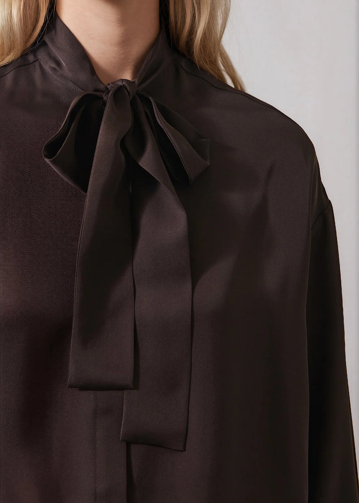 L/S SILK TIE NECK SHIRT (DARK CHOCOLATE) - PATRICK ASSARAF