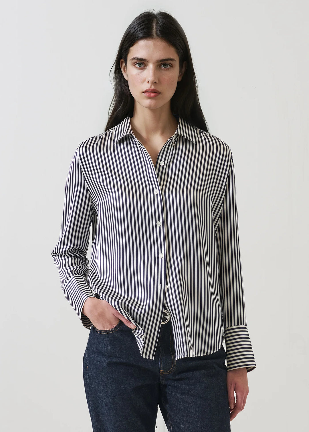 L/S SILK SATIN RELAXED SHIRT (NAVY BOLD STRIPE) - PATRICK ASSARAF