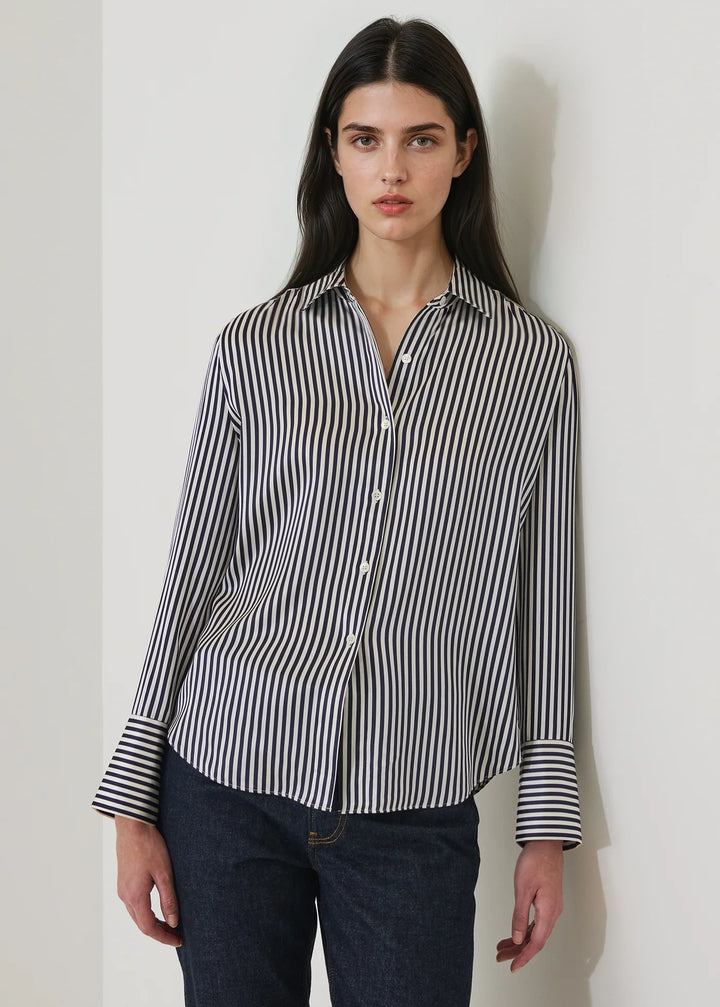 L/S SILK SATIN RELAXED SHIRT (NAVY BOLD STRIPE) - PATRICK ASSARAF