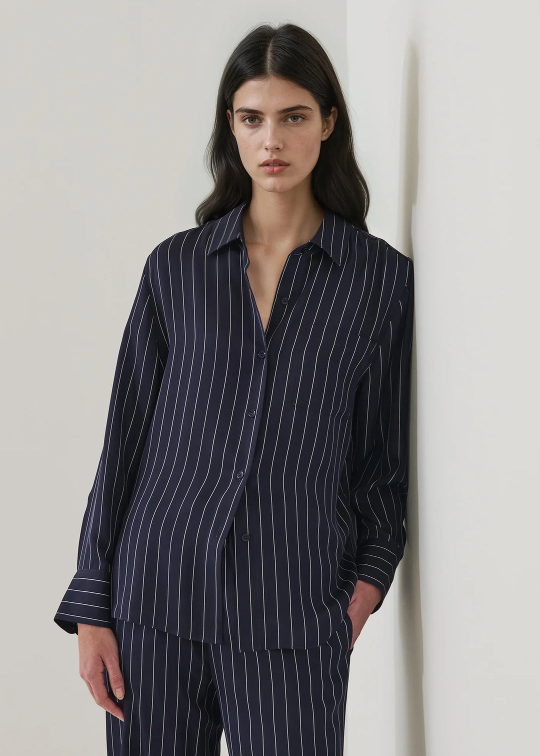L/S SILK BOYFRIEND POCKET SHIRT (NAVY PINSTRIPE) - PATRICK ASSARAF