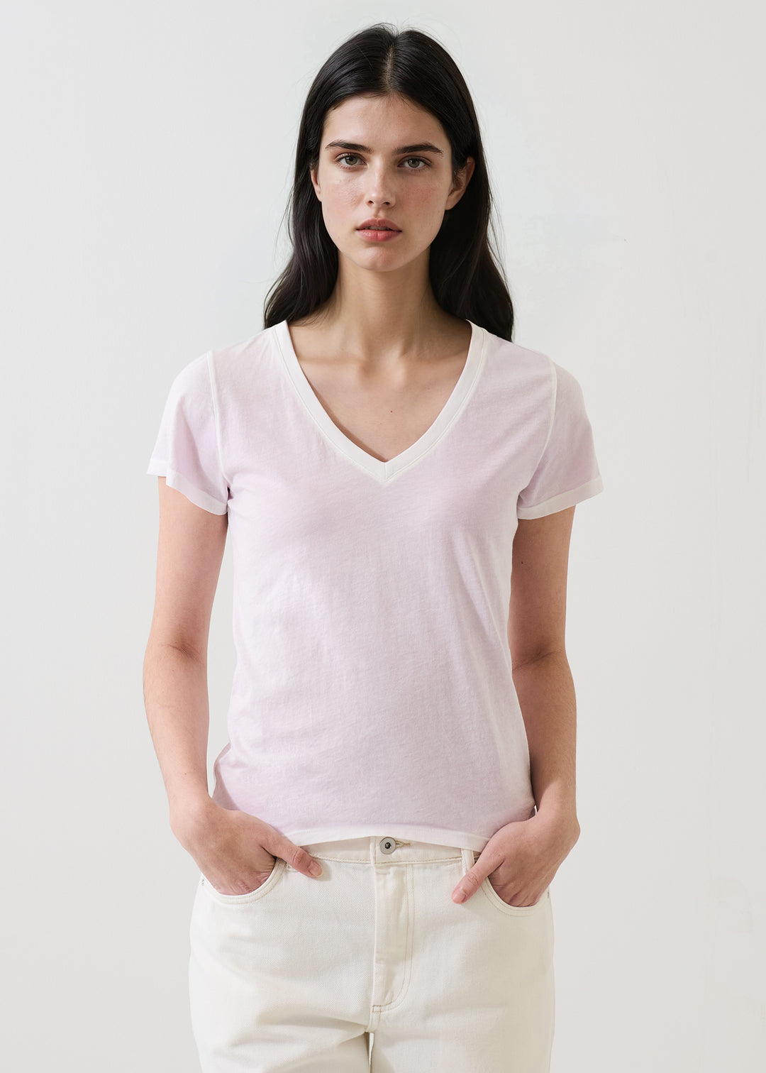 S/S PIMA CLASSIC REVERSE SPRAY V-NECK (PALE ORCHID) - PATRICK ASSARAF