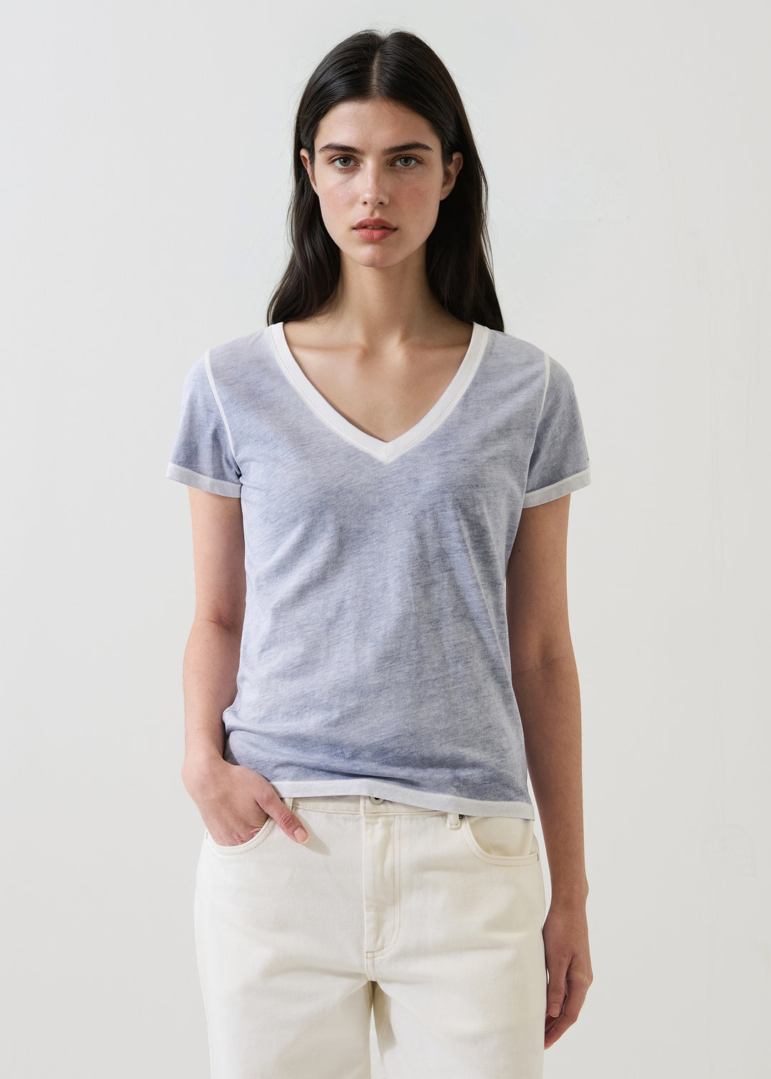 S/S PIMA CLASSIC REVERSE SPRAY V-NECK (PACIFIC BLUE) - PATRICK ASSARAF