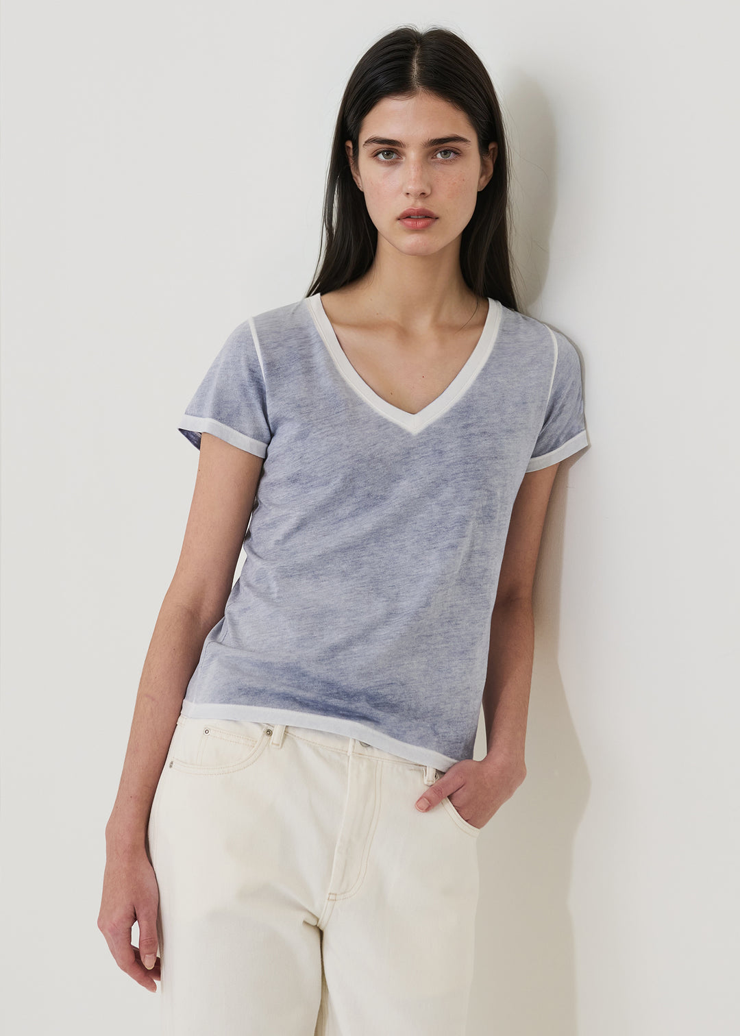 S/S PIMA CLASSIC REVERSE SPRAY V-NECK (PACIFIC BLUE) - PATRICK ASSARAF