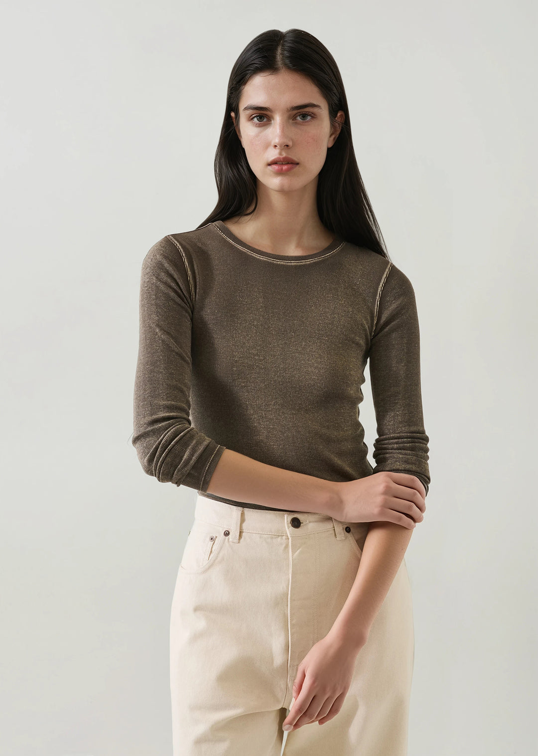 LS COTTON/MODAL VINTAGE RIB CREW (CHESTNUT) - PATRICK ASSARAF