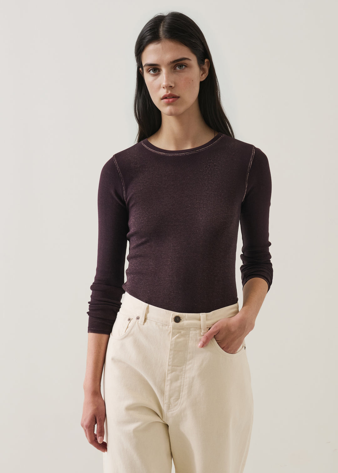 LS COTTON/MODAL VINTAGE RIB CREW (BORDEAUX) - PATRICK ASSARAF