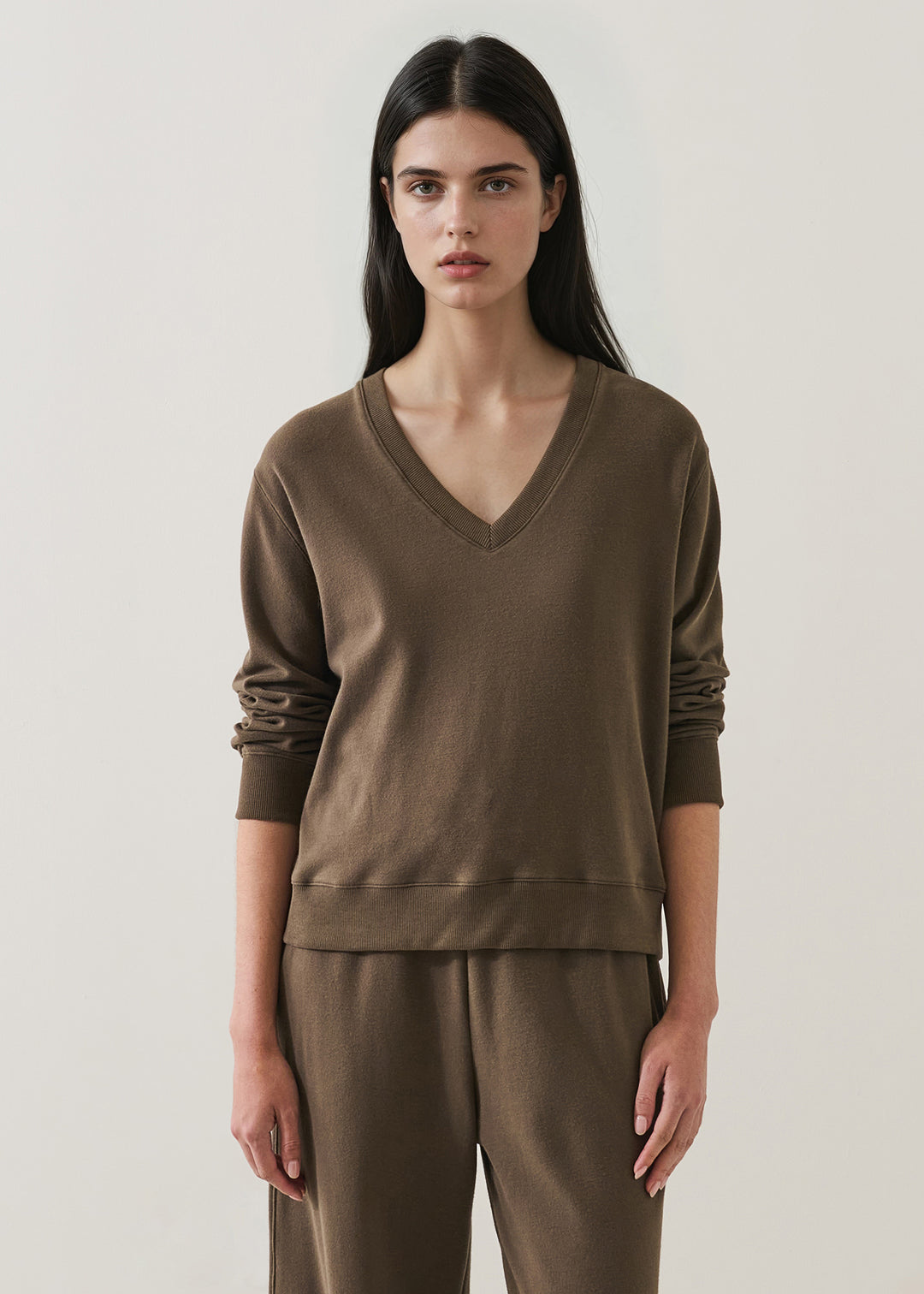 LS BRUSHED PIMA RELAXED V-NECK SWEATSHIRT (CHESTNUT) - PATRICK ASSARAF