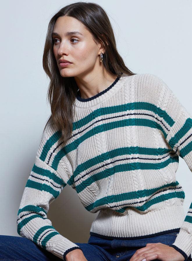 SHAKER CABLE STRIPED CREW (NATURAL GREEN COMBO) - AUTUMN CASHMERE