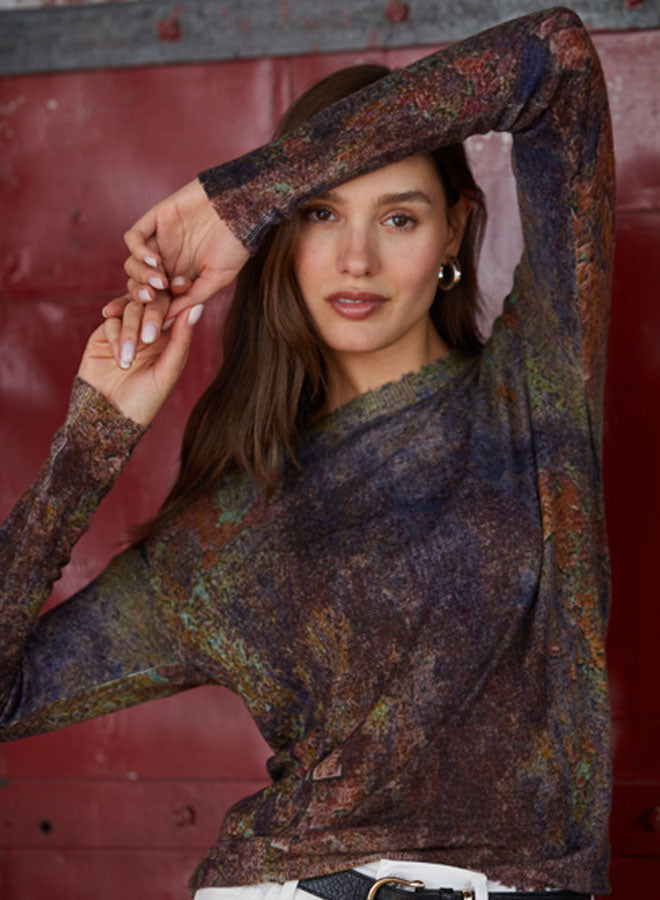 SHEER RUST PRINT RAW EDGE CREW (NAVY COMBO) - AUTUMN CASHMERE