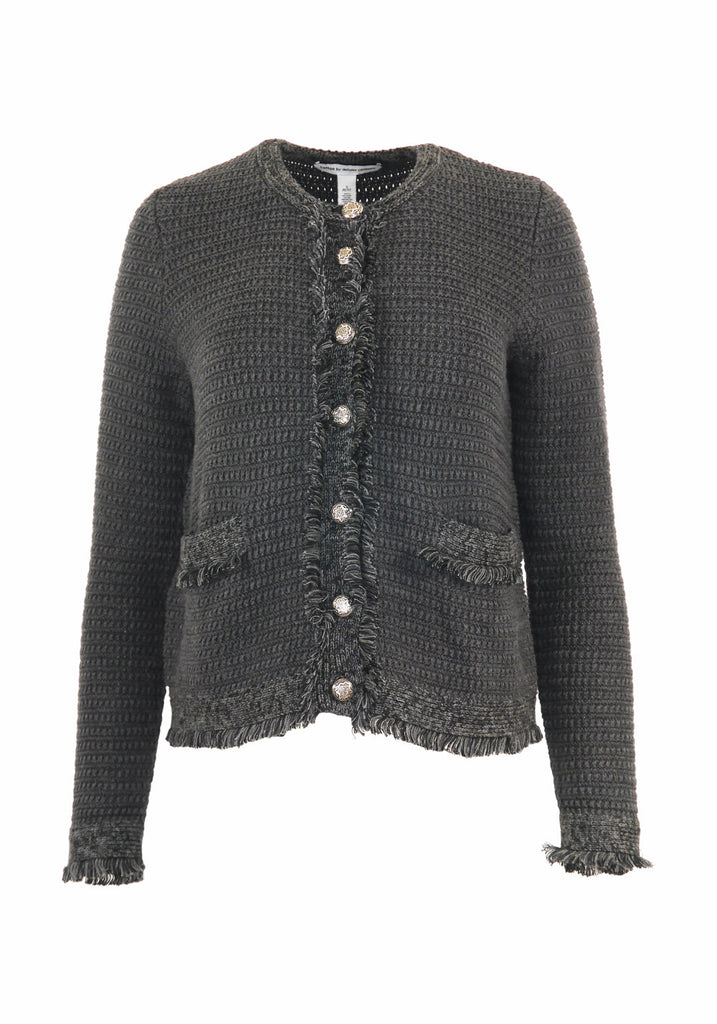 FRINGE TRIMMED CHUNKY JACKET (CHARCOAL COMBO) - AUTUMN CASHMERE