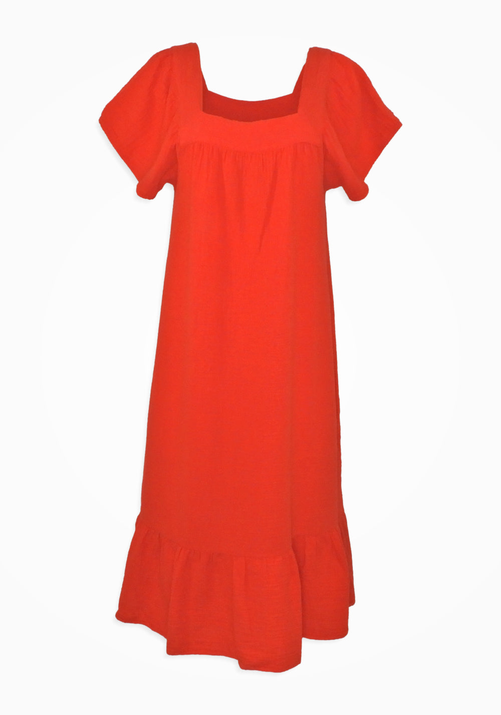 SQUARE NECK SHORT SLEEVE MIDI DRESS (RED) - BOBI